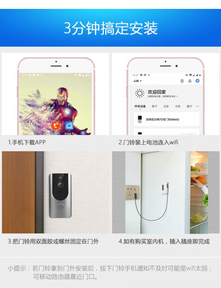 涂鴉智能低功耗電池可視門鈴DB601 tuya可視門鈴 第14張