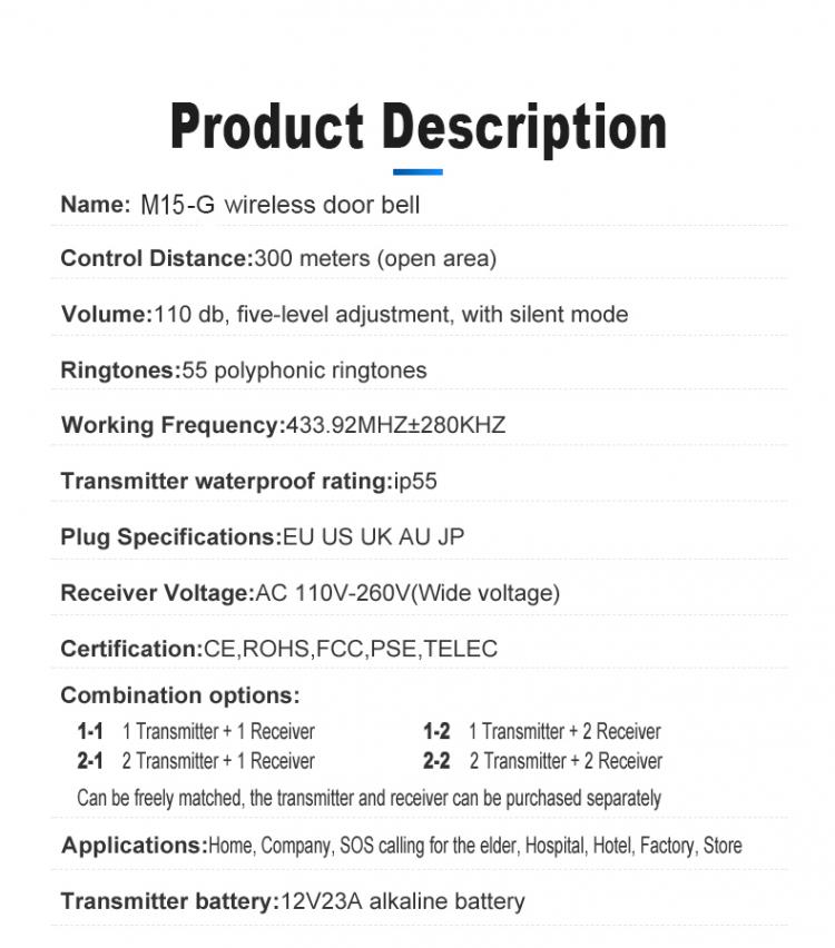交流供電無線家用防水門鈴M15G遠(yuǎn)距離300米傳輸55首鈴聲美規(guī)歐規(guī)英規(guī)澳規(guī)日規(guī)插頭無線門鈴 交流供電門鈴 第11張